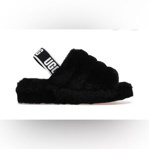 UGG Fluff Yeah Womens Slide Slippers Black Sheepskin Slingback‎ Platform Sz 8